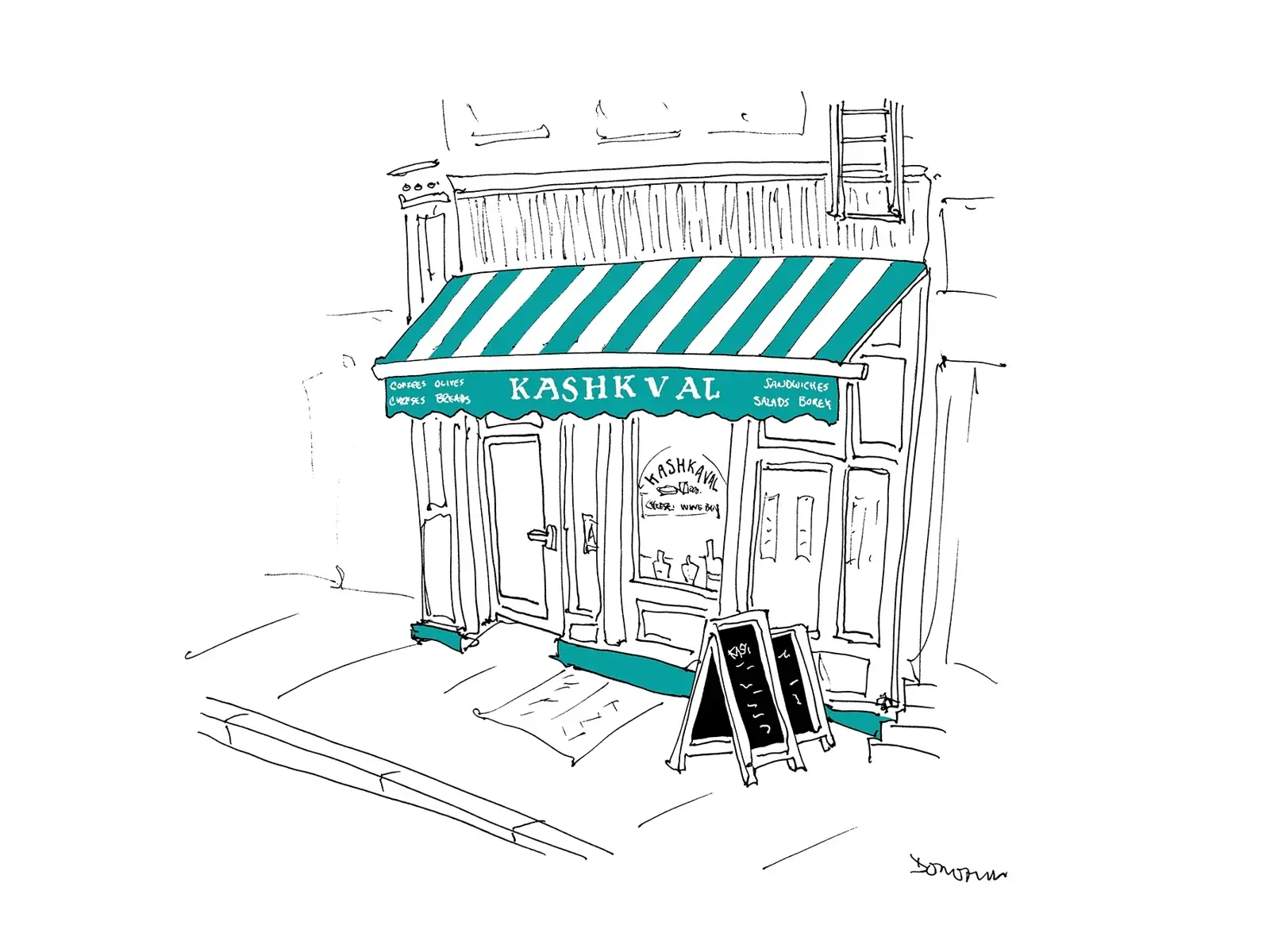 Illustration of the original Kashkaval Cheese Market and Wine Bar storefront on Ninth Avenue